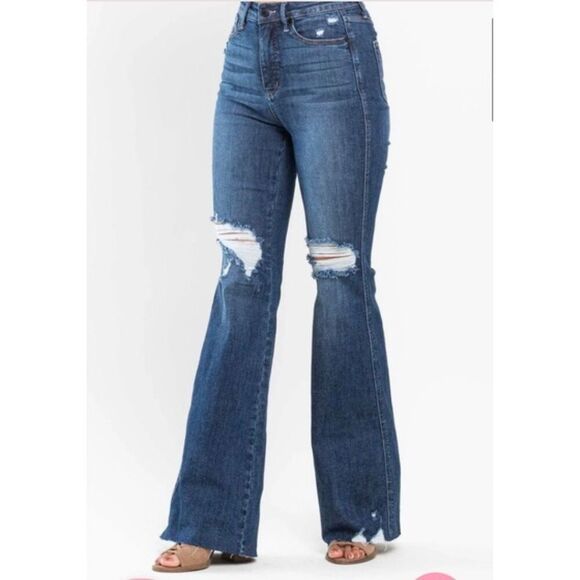 Judy blue flare distressed knee raw hen jeans 13/31 - Picture 12 of 12